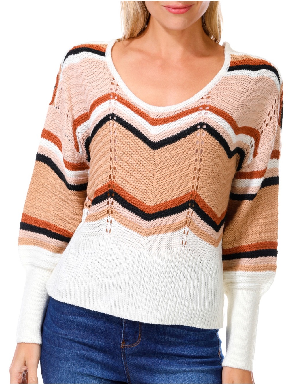 NWT Jolie & Joy V-Neck Chevron Pullover Sweater - Multi/Tan Size S